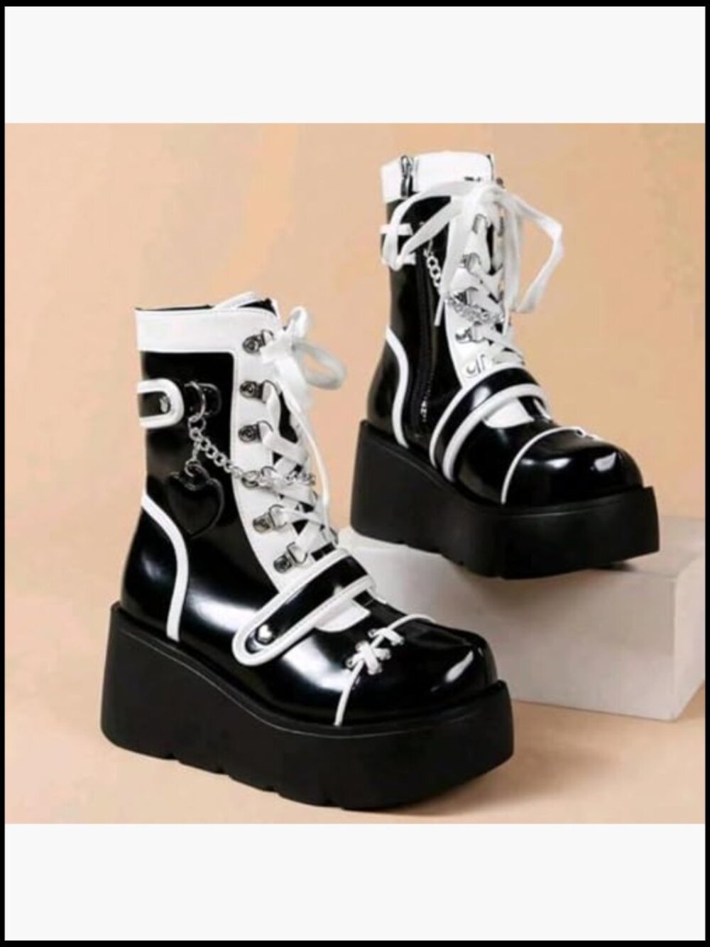 Chunky High Heel Lace Up Punk Motorcycle Combat Boots with Chain - Picture 6 of 7